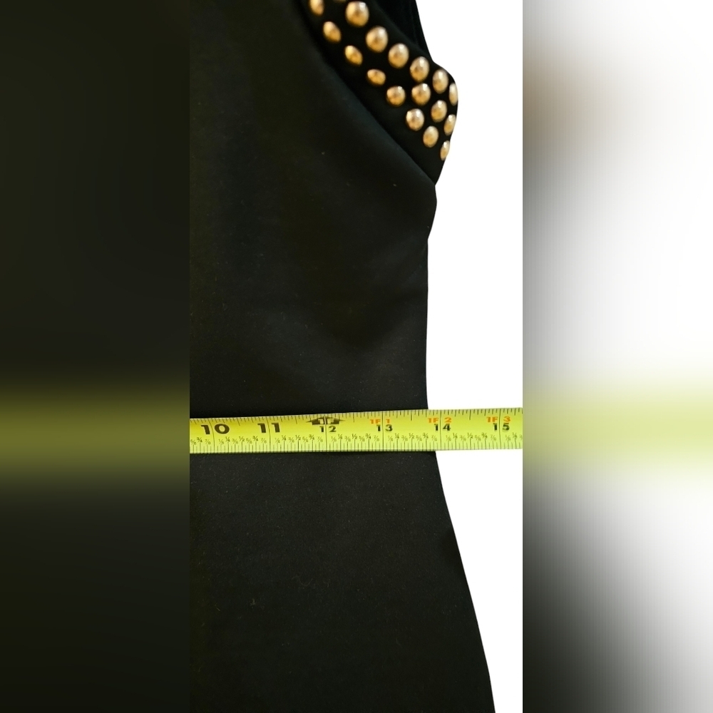 Sans Souci -Mini Sleeveless Black Golden Studded Slit Shoulder Hem Bodycon Dress - Picture 8 of 8